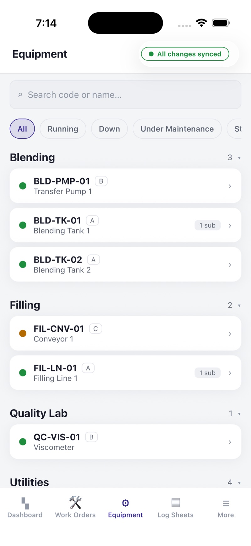 Equipment list grouped by section — Blending, Filling, Quality Lab and
                    Utilities — each item showing a running-status dot, its equipment tag and
                    name, with filters for Running, Down and Under Maintenance above.