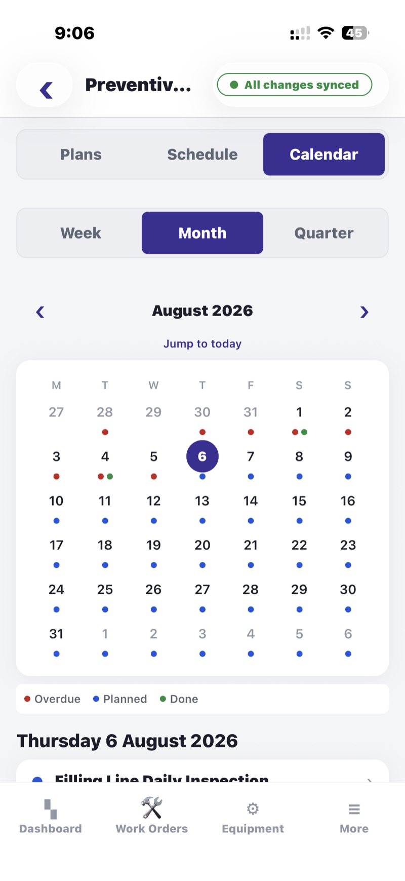 Preventive-maintenance calendar for August 2026. Each date carries a
                    coloured dot marking jobs as overdue, planned or done, with the selected
                    day's tasks listed underneath.
